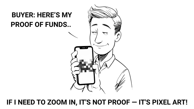 A buyer showing a pixelated screen trying to pass it off as proof of funds