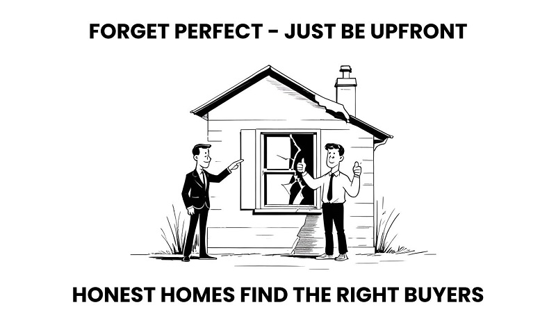 A homeowner showing a buyer his broken window