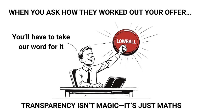 An estate agent giving a lowball offer to a homeowner